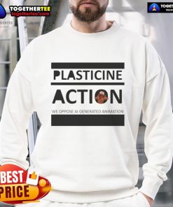 Original Plasticine Action sweatshirt featuring 'We Oppose AI Generated Animation' graphic in vibrant colors.