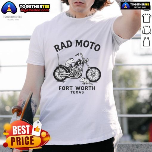 Original Possum Rad Moto Fort Worth Texas T-Shirt featuring a vintage motorcycle design and bold graphic print.