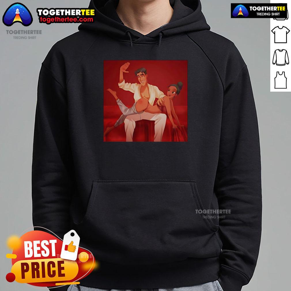 Original Princess Tiana And Prince Naveen Naughty Hoodie Alt Text: Original Princess Tiana and Prince Naveen Naughty Hoodie featuring vibrant graphics of the beloved Disney characters.