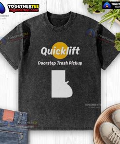 Alt Text: Original Quicklift Doorstep Trash Pickup logo on a washed T-shirt, promoting eco-friendly waste management services.