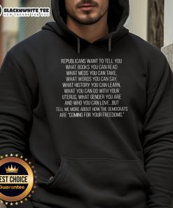 Original Republicans hoodie featuring a bold statement on censorship of books and medications in a stylish design.