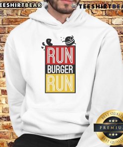 Original Run Burger Run hoodie featuring Pac-Man chasing a hamburger in a vibrant, retro game design.
