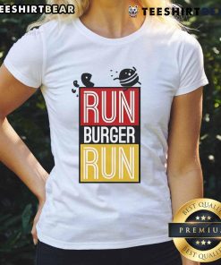 Original Run Burger Run Pacman chases hamburger in vibrant graphic on ladies' tee shirt, perfect for gaming fans.