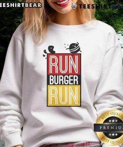 Original Run Burger Run sweatshirt featuring Pac-Man chasing a hamburger design, perfect for gaming and retro style fans.