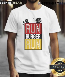 Original Run Burger Run t-shirt featuring Pac-Man chasing a hamburger in a vibrant, retro gaming design.