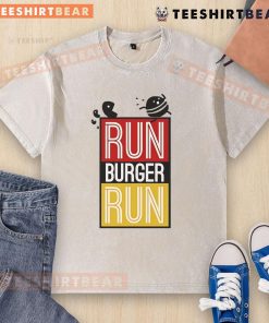 Alt Text: Original Run Burger Run T-shirt featuring Pac-Man chasing a hamburger design in vibrant colors.