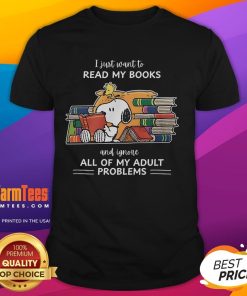 Alt Text: Original Snoopy I Just Want To Read Books And Ignore Adult Problems T-Shirt design featuring Snoopy and books.