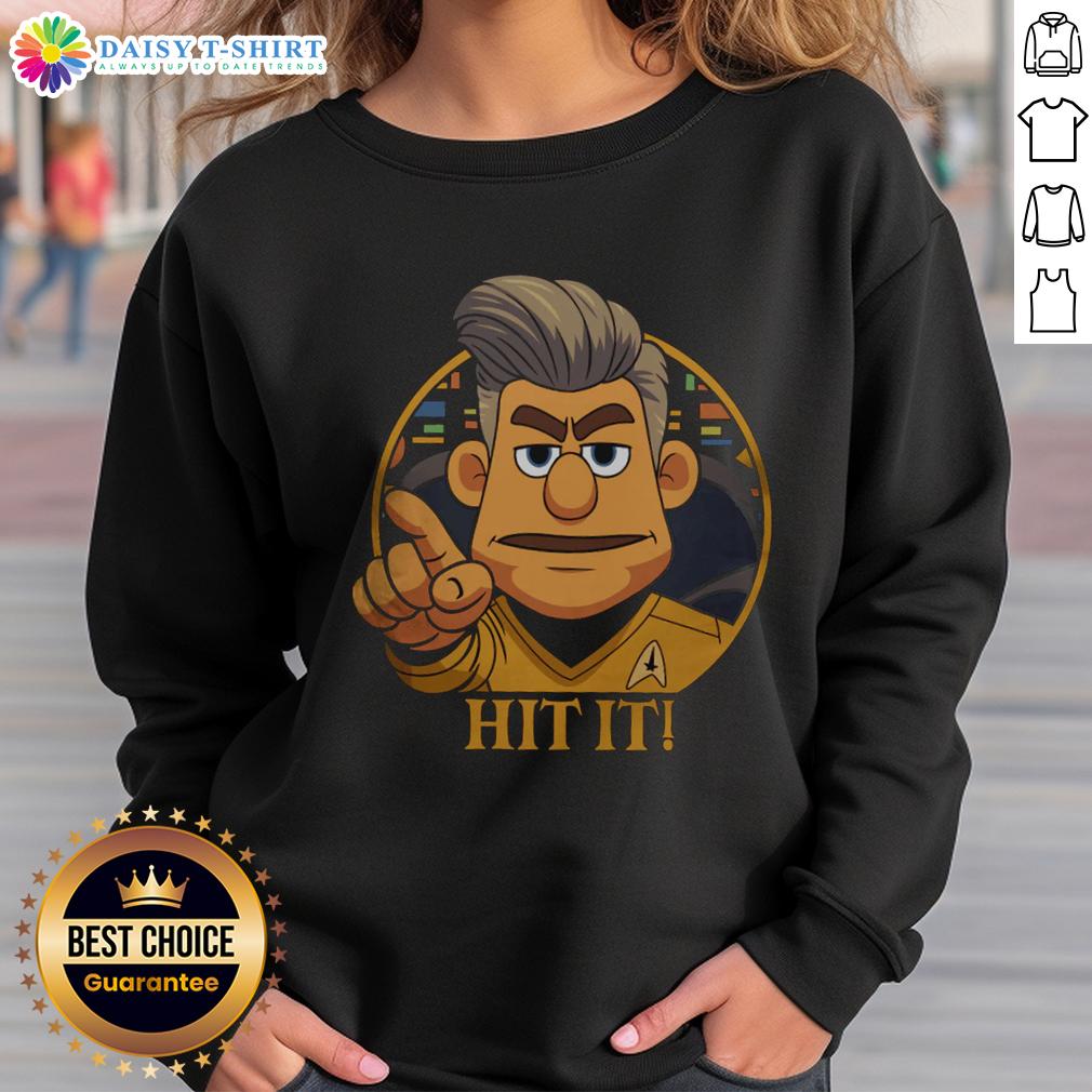 Original Star Trek Cartoon Captain Hit It! Sci Fi Parody Sweatshirt Alt Text: Original Star Trek cartoon sweatshirt featuring Captain parody design, perfect for sci-fi fans and collectors.
