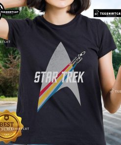 Original Star Trek Series Retro Striped Logo Ladies Tee featuring vibrant colors and classic design, perfect for fans.
