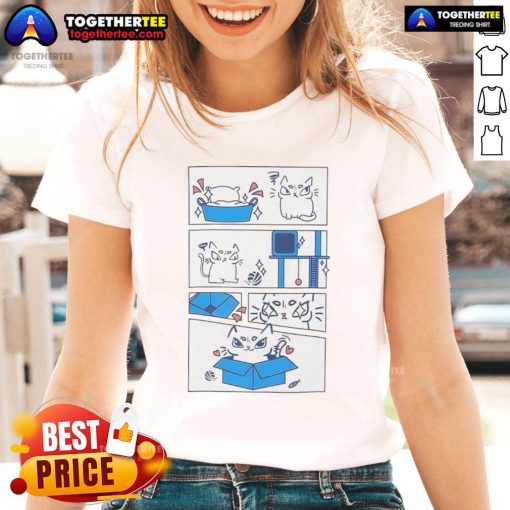 Alt Text: Original The Cat And His Love Of The Box Ure Cute Ladies Tee featuring a playful cat in a box design.
