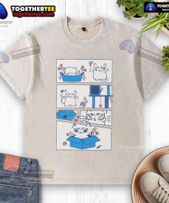 Alt Text: Cute cat sitting in a box wearing the 'Ure Cute' washed T-shirt, showcasing its playful personality and love for boxes.