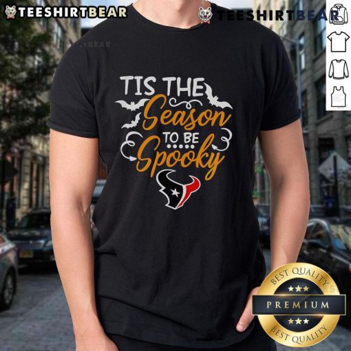 Alt Text: Original Tis The Season To Be Spooky Houston Texans T-Shirt featuring festive Halloween design and team colors.