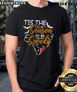Alt Text: Original Tis The Season To Be Spooky Houston Texans T-Shirt featuring festive Halloween design and team colors.