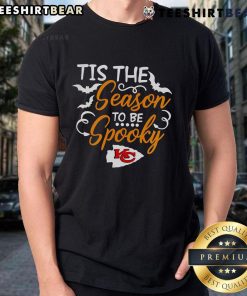 Original Tis The Season To Be Spooky Kansas City Chiefs T-Shirt featuring Halloween-themed design and team colors.