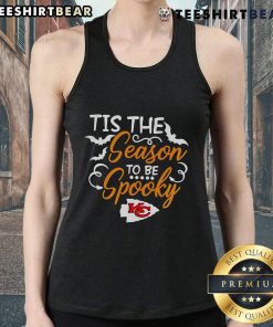 Original Tis The Season To Be Spooky Kansas City Chiefs tank top featuring festive Halloween design and team colors.