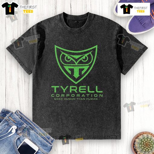 Alt Text: Original Tyrell Corporation More Human Than Human washed t-shirt featuring iconic logo and vintage design.