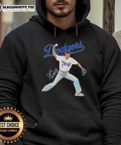 Alt Text: Original V BTS x Los Angeles Dodgers Baseball hoodie featuring signature throwing position design.