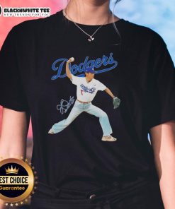 Original V BTS x Los Angeles Dodgers baseball tee featuring a stylish throwing position signature for ladies.