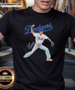 Alt Text: Original V BTS x Los Angeles Dodgers t-shirt featuring a baseball throwing position graphic and signature design.
