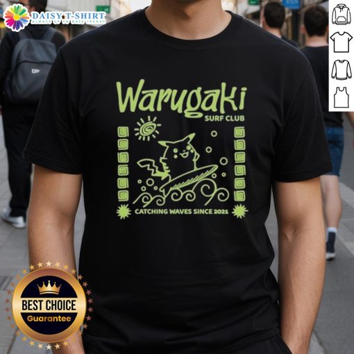 Original Warugaki Surf Club Pikachu T-Shirt design featuring a vibrant surfing Pikachu catching waves since 2021.