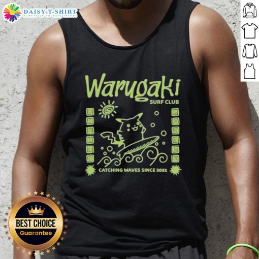 Original Warugaki Surf Club Pikachu tank top design, perfect for catching waves since 2021, showcasing vibrant surf culture.