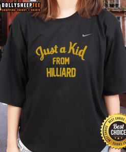 Alt Text: Original West Virginia Mountaineers Just A Kid From Hilliard ladies tee featuring vibrant team colors and logo.