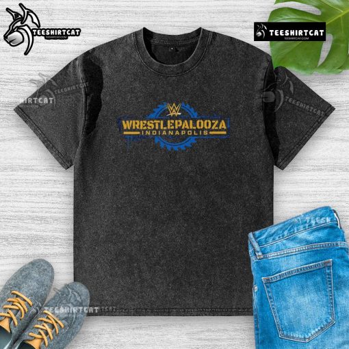 Alt Text: Original Wrestlepalooza Indianapolis logo on a washed t-shirt, perfect for wrestling fans and collectors.