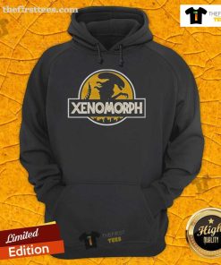 Original Xenomorph X Jurassic Park Logo Hoodie featuring a unique design blending sci-fi and dinosaur themes.
