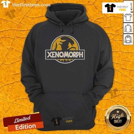 Original Xenomorph X Jurassic Park Logo Hoodie featuring a unique design blending sci-fi and dinosaur themes.