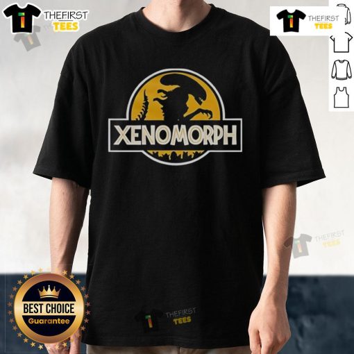 Original Xenomorph X Jurassic Park logo T-shirt featuring iconic designs from both franchises in vibrant colors.