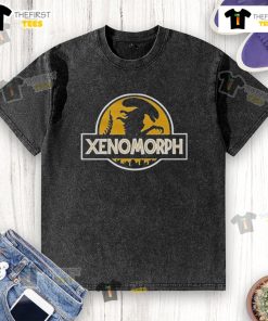 Alt Text: Original Xenomorph X Jurassic Park logo washed t-shirt featuring a unique design for fans of both franchises.