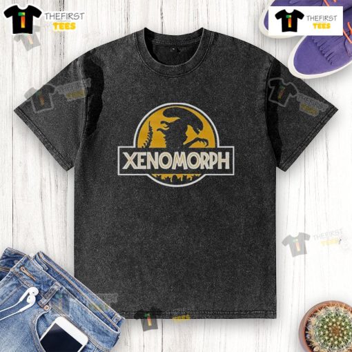 Alt Text: Original Xenomorph X Jurassic Park logo washed t-shirt featuring a unique design for fans of both franchises.