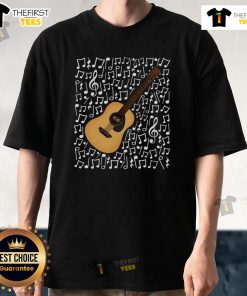 Premium acoustic guitar T-shirt featuring musical notes, perfect for guitarists, music teachers, and songwriters.