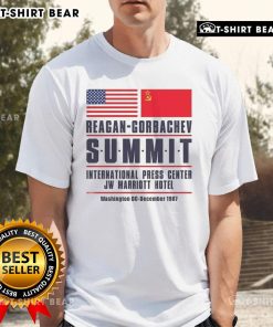 Alt Text: Premium American and Chinese Reagan-Gorbachev Summit T-Shirt from the JW Marriott Hotel International Press Center.