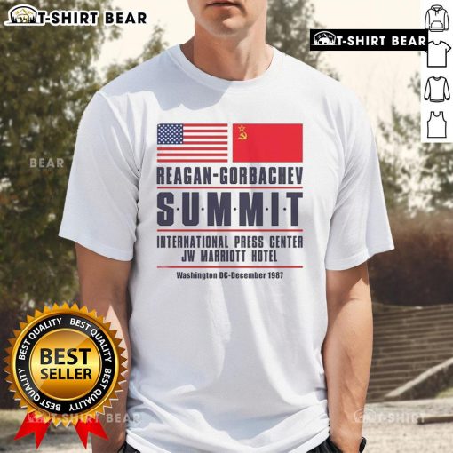 Alt Text: Premium American and Chinese Reagan-Gorbachev Summit T-Shirt from the JW Marriott Hotel International Press Center.