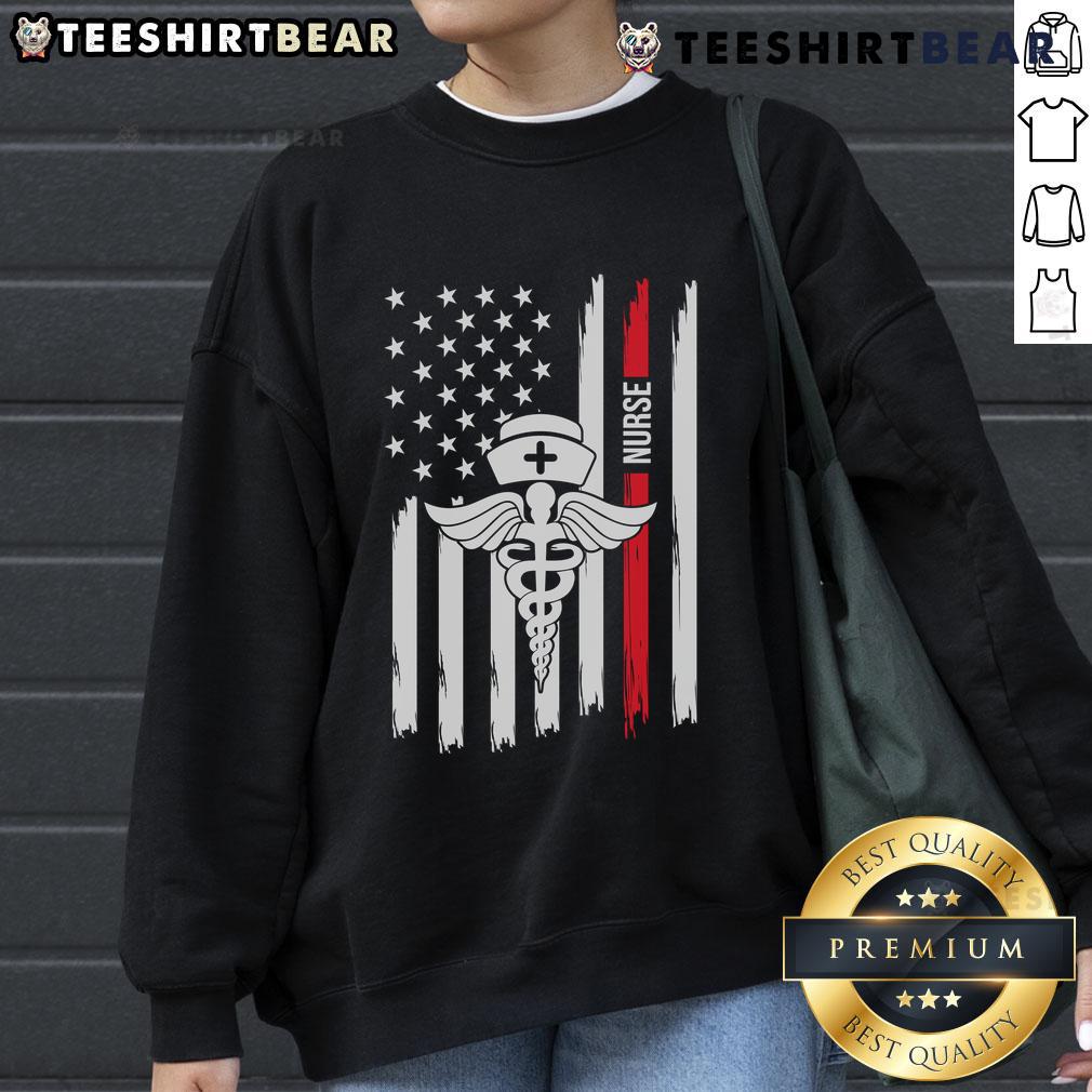 Premium American Flag Nurse Caduceus Red Stripe Nurse Cap Healthcare Heroes Sweatshirt Premium American Flag Nurse Caduceus Sweatshirt with red stripe, honoring healthcare heroes in stylish comfort.