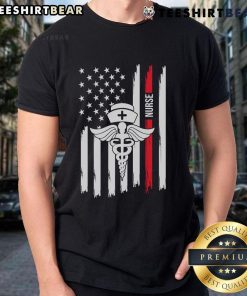 Alt Text: Premium American Flag Nurse T-Shirt featuring Caduceus and Red Stripe, celebrating healthcare heroes in style.