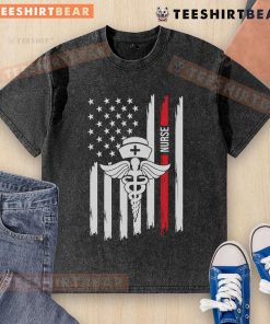 Alt Text: Premium American Flag Nurse Caduceus T-Shirt with Red Stripe, honoring healthcare heroes in stylish comfort.