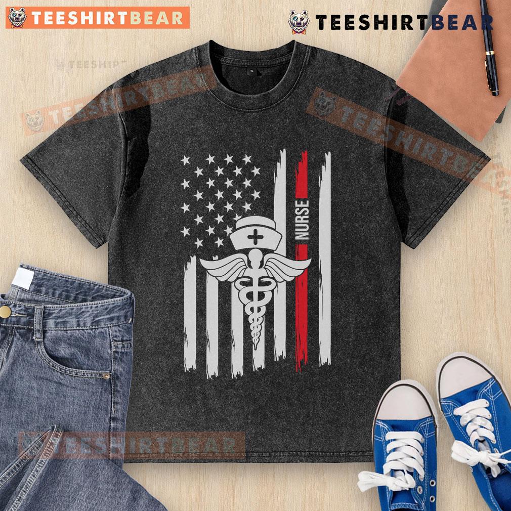 Premium American Flag Nurse Caduceus Red Stripe Nurse Cap Healthcare Heroes Washed T-Shirt Alt Text: Premium American Flag Nurse Caduceus T-Shirt with Red Stripe, honoring healthcare heroes in stylish comfort.