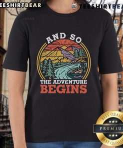 Retro vintage sunset ladies tee featuring a stylish 'Premium And So The Adventure Begins' graphic design.