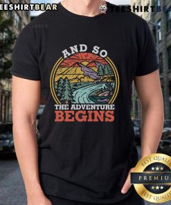Premium retro vintage sunset T-shirt featuring 'And So The Adventure Begins' design, perfect for adventure lovers.