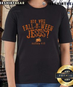 Premium 'Are You Fall-O-Ween Jesus' ladies tee in vibrant colors, perfect for festive autumn celebrations and casual wear.