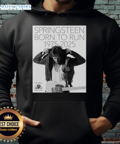 Alt Text: Premium Bruce Springsteen Born To Run 50th Anniversary Poster on a stylish hoodie, celebrating music history.