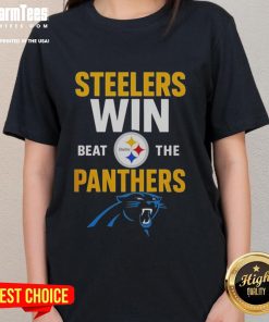 Premium Carolina Panthers Win vs Pittsburgh Steelers NFL 2025 cartoon ladies tee featuring vibrant team graphics.