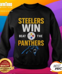 Premium Carolina Panthers Win cartoon sweatshirt celebrating victory over Pittsburgh Steelers NFL 2025.