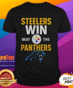 Cartoon T-shirt featuring the Premium Carolina Panthers celebrating a win against the Pittsburgh Steelers NFL 2025.