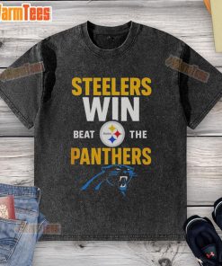 Premium Carolina Panthers win cartoon washed t-shirt featuring a fun design celebrating their victory over the Steelers.