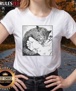 Alt Text: Cartoon of a lady playfully biting a cat's feet, featured on a 'Premium Cat Bites Feet' ladies tee design.