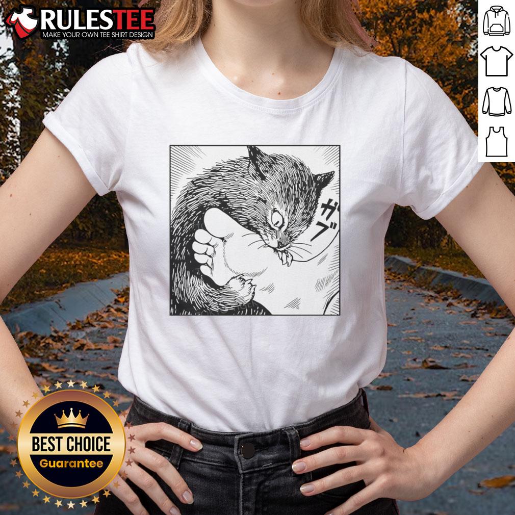 Premium Cat Bites Feet Cartoon Ladies Tee Alt Text: Cartoon of a lady playfully biting a cat's feet, featured on a 'Premium Cat Bites Feet' ladies tee design.