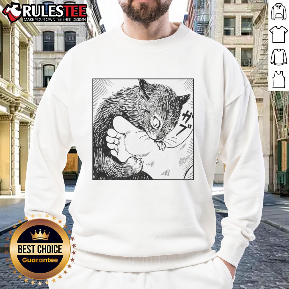 Premium Cat Bites Feet Cartoon Sweatshirt Premium Cat Bites Feet Cartoon Sweatshirt featuring a playful cat design, perfect for cat lovers.